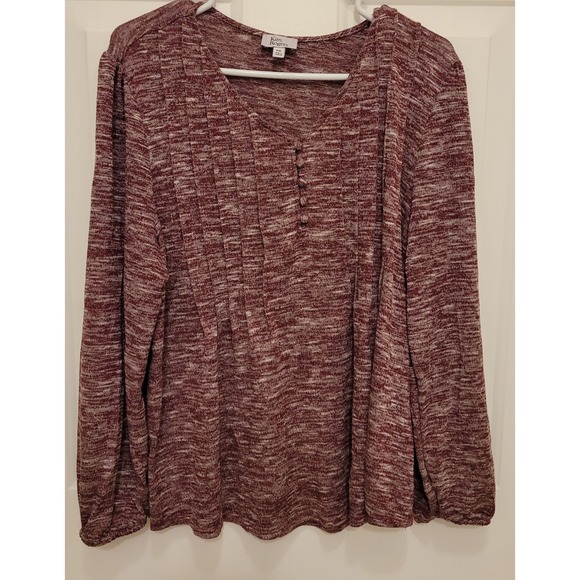 Kim Roger's PXL long sleeve burgundy and white Pullover sweater, V-neck, Pleats - Picture 1 of 5